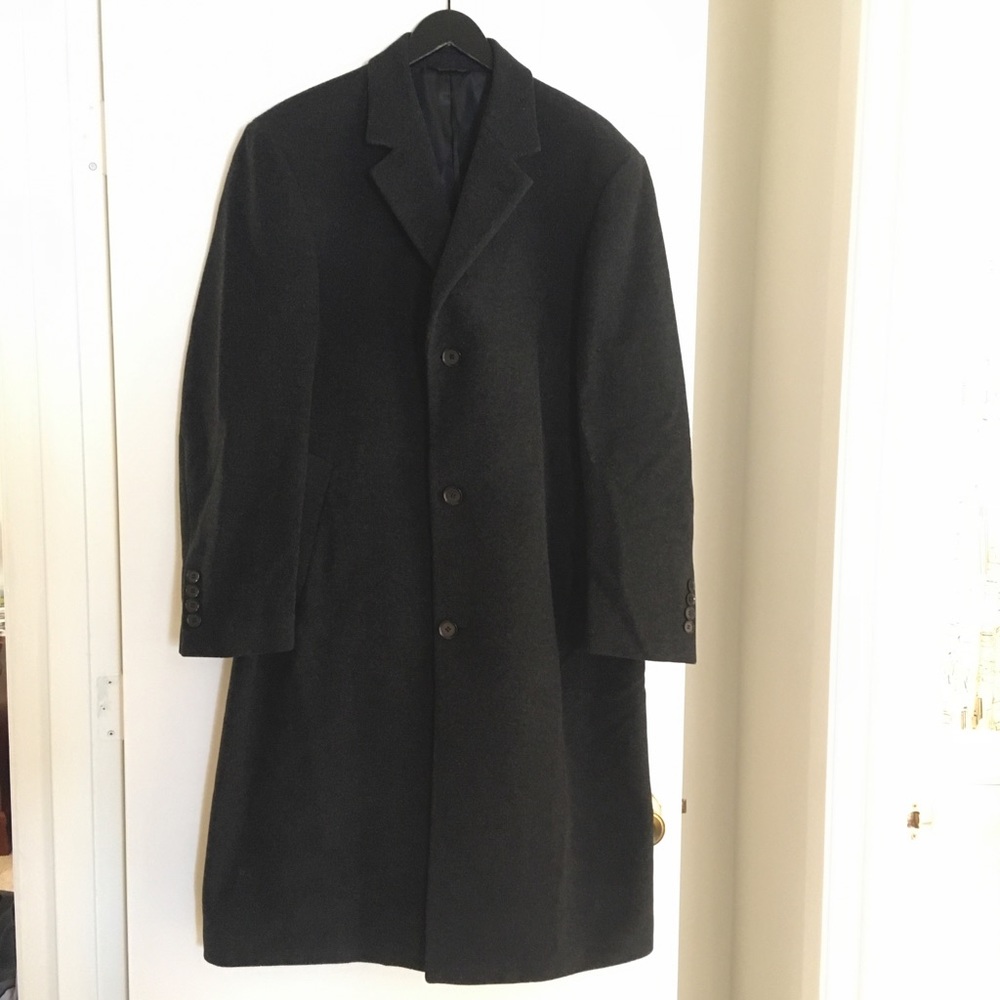 Charcoal single breasted wool blend overcoat